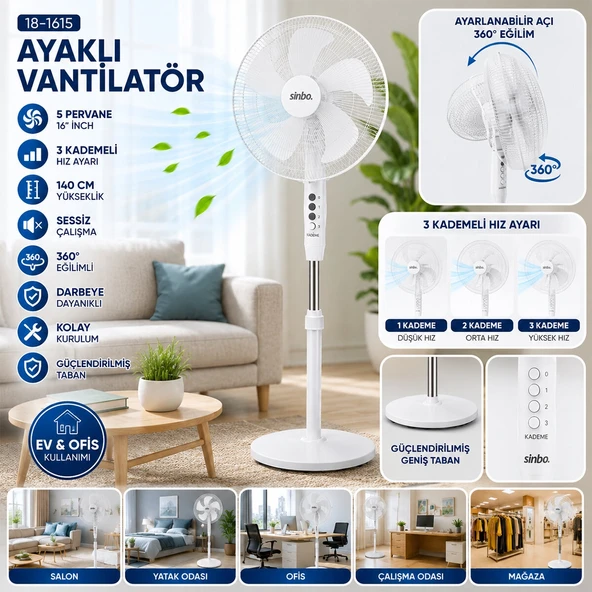 Beyaz 5 Pervane - 16 Inc Ev - Ofi̇s Kompakt - Sessi̇z - Üç Kademe 140Cm Yüksekli̇k Ayakli Vanti̇latör Sf-6789 (5047) ürün görseli 1