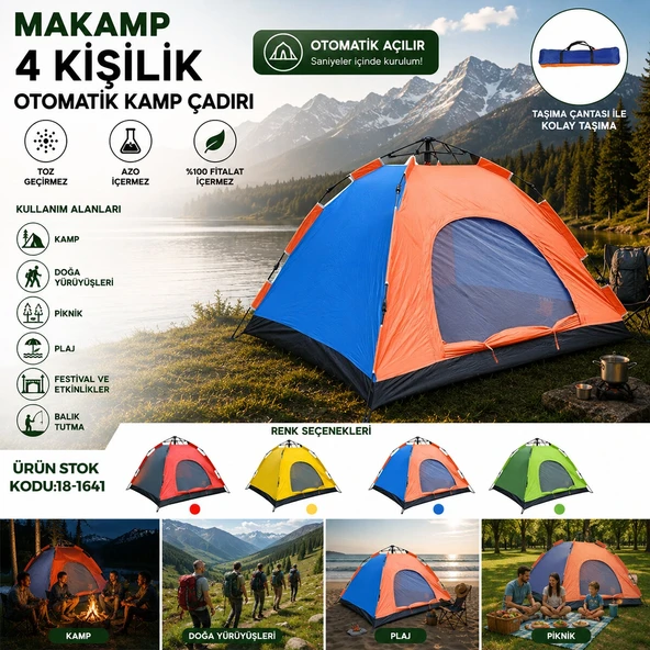 4 Ki̇şi̇li̇k Toz Geçi̇rmez 200Cmx200Cmx135Cm Otomati̇k Kamp Çadir Herhangi̇ Bi̇r Renk Gönderi̇li̇r (5047) ürün görseli 1