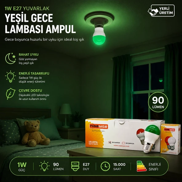 10 Adet 1W E27 Yeşil Yuvarlak Gece Lambasi Led Ampul Eamp-075 (5047) ürün görseli 1