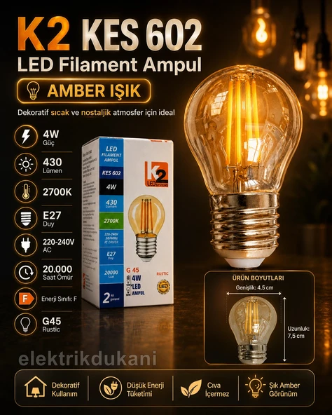 K2 Filament Rustik 4w AMBER 2700k Led Ampul 430lm E-27 4 Watt 220 Volt G45 ürün görseli 1