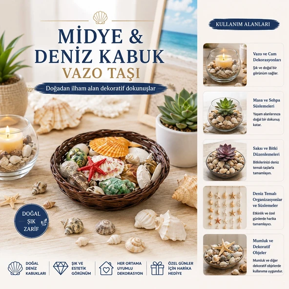 Yuvarlak Ahşap Sepet Renkli̇ Mi̇x Mi̇dye - Deni̇z Kabuk Vazo Taşi (5047) ürün görseli 1