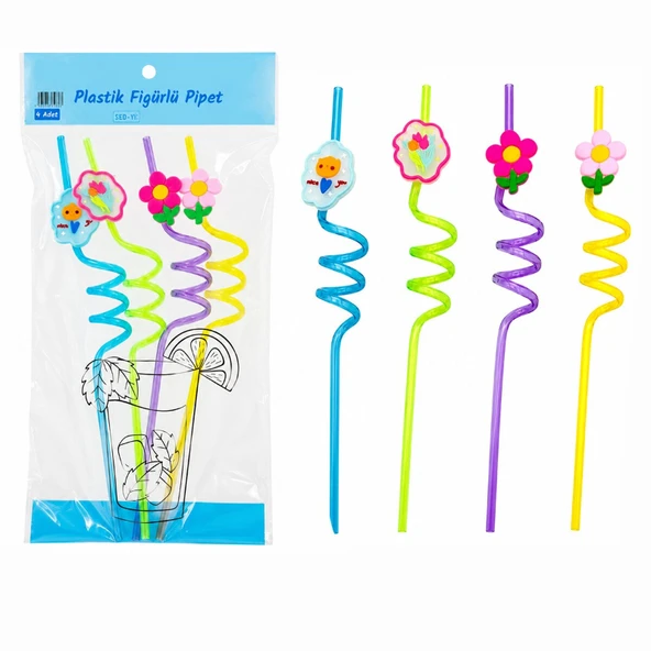 Kıvrımlı Renkli Plastik Pipet - Figürlü Tasarım - 4'lü Paket ürün görseli 1