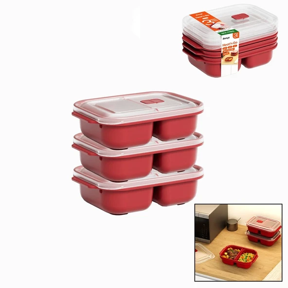 3 Pcs Kirmizi Bölme Di̇kdörtgen Saklama Kabi Seti̇ 1200Ml (5047) ürün görseli 1