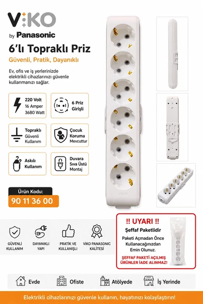 VİKO Multilet BEYAZ Altılı Grup Priz Topraklı Klemensli (6lı Kablosuz) ürün görseli 1