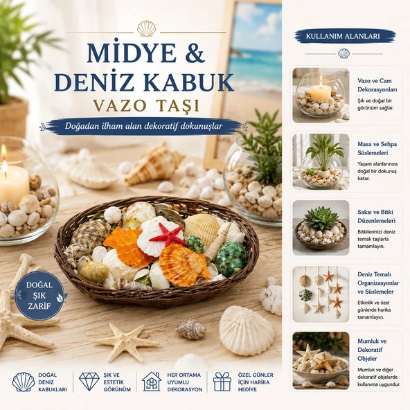 Oval Ahşap Sepet Renkli̇ Mi̇x Mi̇dye - Deni̇z Kabuk Vazo Taşi (5047) ürün görseli 1