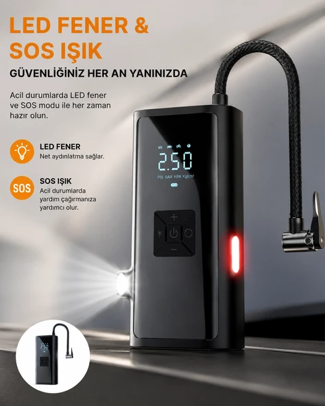 Led Fenerli Sos Işıklı Çok Fonksiyonlu Hava Kompresörü Yeni Nesil ürün görseli 1
