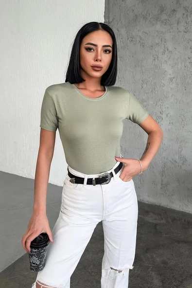 Rahat Şık Kısa Kollu Bisiklet Yaka Likralı Viskon Penye Body Haki ürün görseli 1