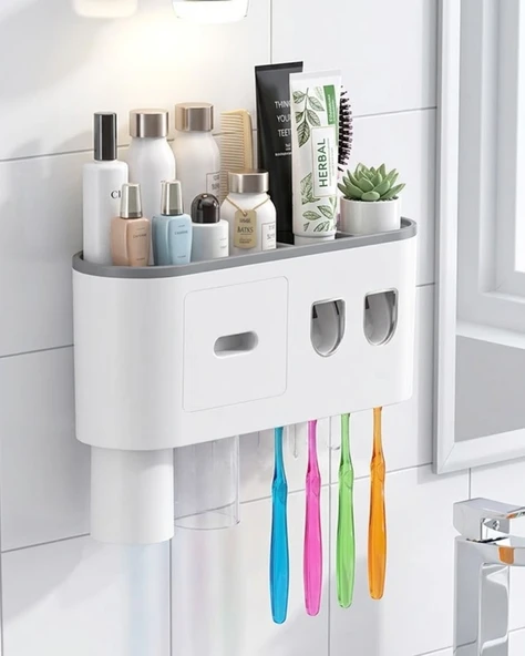 Banyo Organizer Fırçası Tutucu Çift Dispenserli Raflı Çekmeceli ürün görseli 1