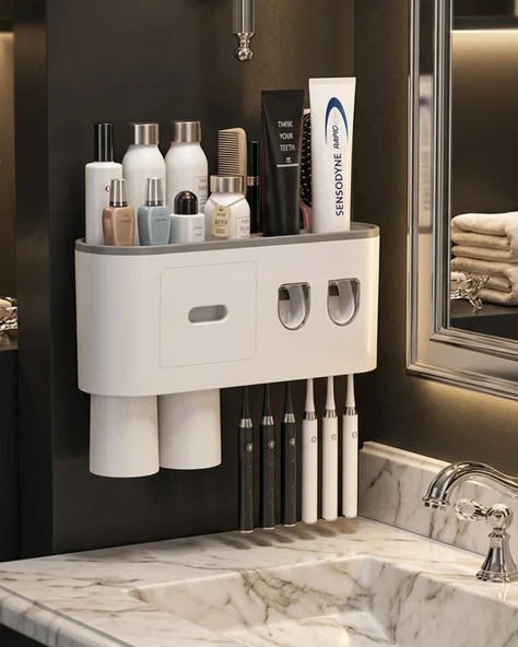 Çift Dispenserli Macunu Sıkacağı 6 Fırçalık Bardaklı Banyo Organizer ürün görseli 1