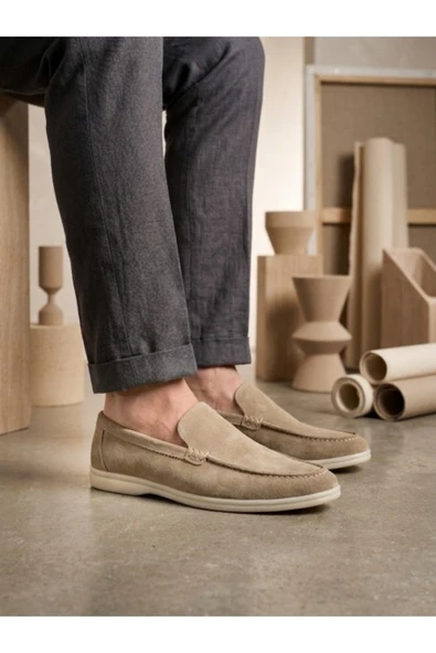 252 %100 İçi Dışı Hakiki Deri Erkek Krem Süet Casual Loafer Termo Taban Ayakkabı ürün görseli 1