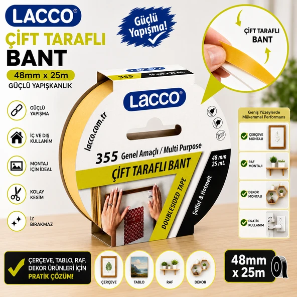 Lacco Çift Taraflı Bant 48 mm x 25 m Güçlü Yapışkanlı Montaj Bandı Çok Amaçlı Beyaz 1 Adet ürün görseli 1