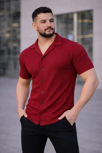 Erkek Waffle Kumaş Kısa Kollu Düğmeli Açık Yaka Regular Fit Gömlek - Kırmızı ürün görseli 1