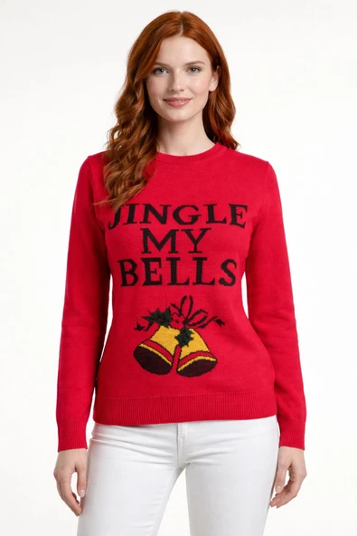 Kırmızı Jingle Bells Yazılı Yılbaşı Kazağı - Kırmızı ürün görseli 1