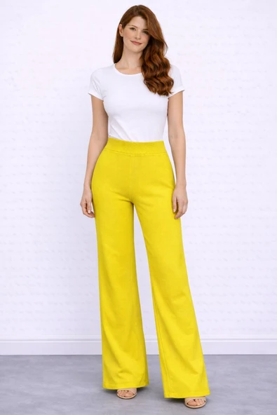Beli Lastikli Bol Paça Polyester Pantolon - Sarı ürün görseli 1