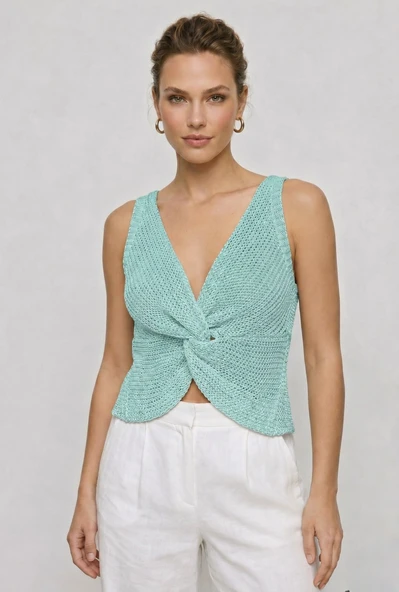 Twist Knot Detaylı Premium Kadın Triko Bluz – V Yaka Örgü Dokulu Şık Crop Tasarım - Turkuaz ürün görseli 1