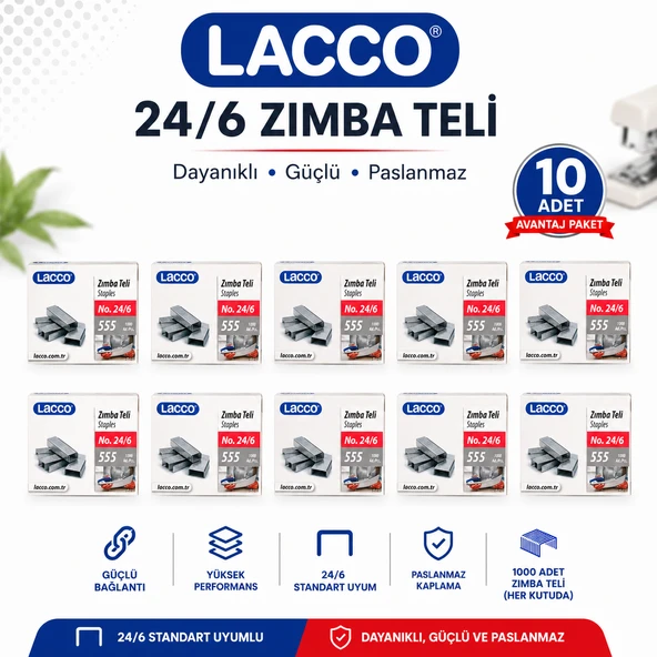 LACCO 24/6 Zımba Teli 10 Kutu 10000 Adet Standart Zımba Teli Dayanıklı Paslanmaz Güçlü Ofis Okul Evrak Zımbası Uyumlu ürün görseli 1