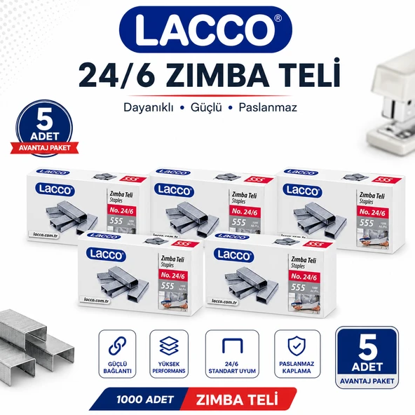 Lacco 24/6 Zımba Teli 5'li Paket 1000'lik Güçlü Dayanıklı Paslanmaz Ofis Okul Zımba Teli ürün görseli 1