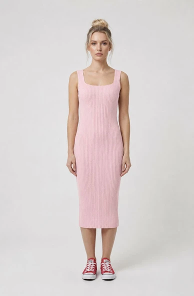 Premium Fit Kare Yaka Fitilli Triko Midi Elbise - Pembe ürün görseli 1