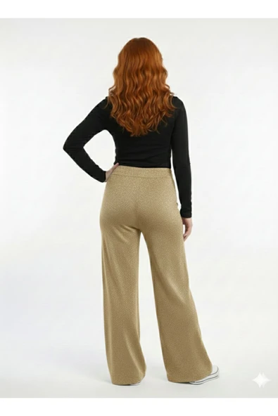 Kadın Simli İpsiz İnce Fitilli Bol Paça Örme Pantolon - Camel-Gold - Resim 2