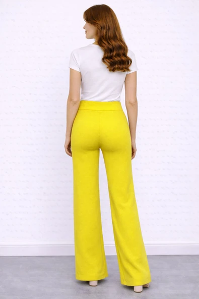 Beli Lastikli Bol Paça Polyester Pantolon - Sarı - Resim 2