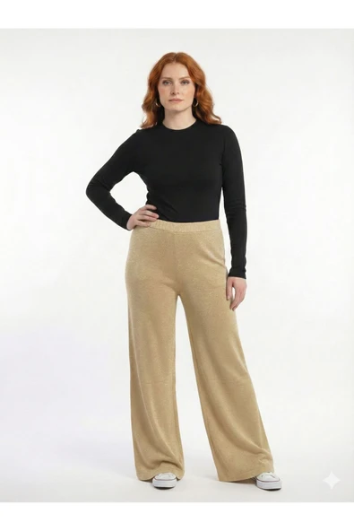Kadın Simli İpsiz İnce Fitilli Bol Paça Örme Pantolon - Camel-Gold ürün görseli 1