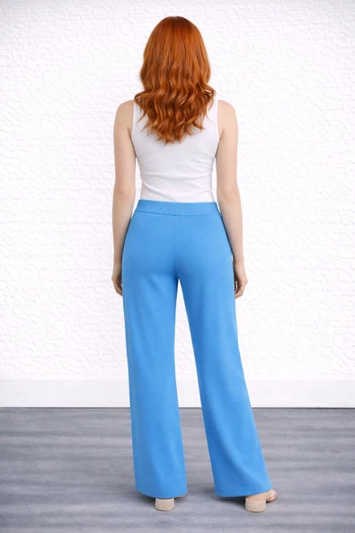 Beli Lastikli Bol Paça Polyester Pantolon - Mavi - Resim 2