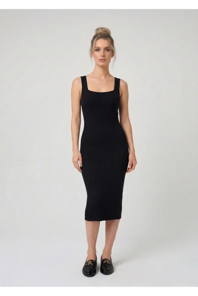 Premium Fit Kare Yaka Fitilli Triko Midi Elbise - Siyah ürün görseli 1