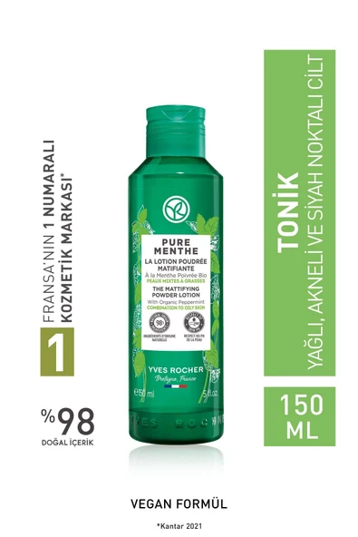 YVES ROCHER KARMA-YAĞLI-SİVİLCE EĞİLİMLİ CİLT, SİYAH NOKTA KARŞITI PUDRALI TONİK-GLİKOLİK ASİT-PURE MENTHE-150ML ürün görseli 1