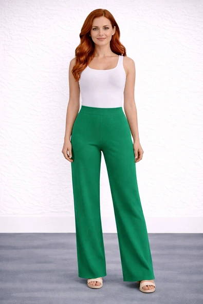 Beli Lastikli Bol Paça Polyester Pantolon - Koyu Yeşil ürün görseli 1