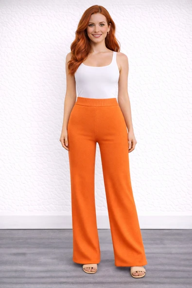Beli Lastikli Bol Paça Polyester Pantolon - Turuncu ürün görseli 1