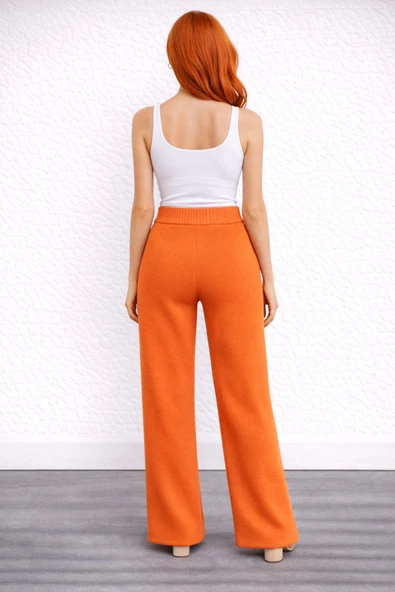Beli Lastikli Bol Paça Polyester Pantolon - Turuncu - Resim 2