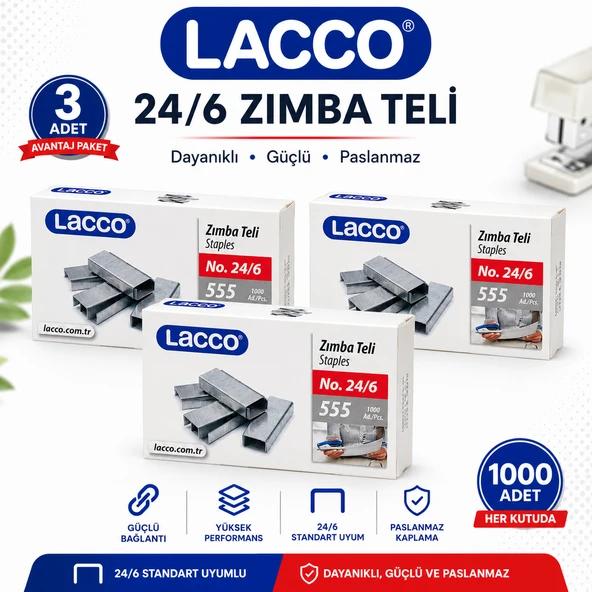 Lacco 24/6 Zımba Teli 3'lü Paket 1000'lik Dayanıklı Güçlü Paslanmaz Ofis Okul Zımba Teli ürün görseli 1