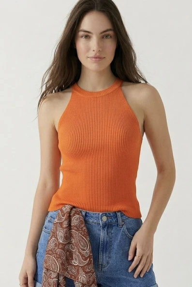 Kadın Fitilli Halter Yaka Crop Bluz - Turuncu ürün görseli 1