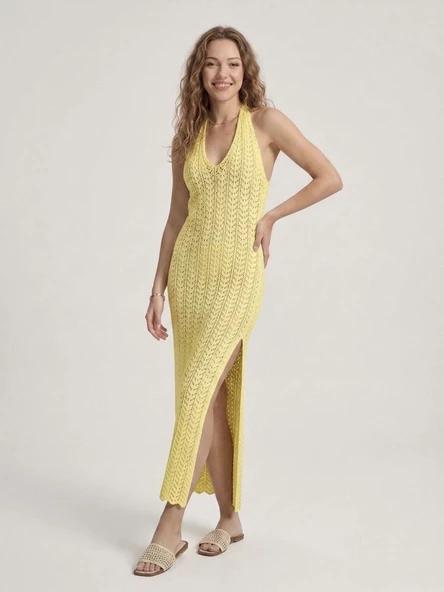 Kadın Ajurlu Halter Yaka Yırtmaçlı Uzun Beachwear Elbise - Plaj Elbisesi - Sarı ürün görseli 1