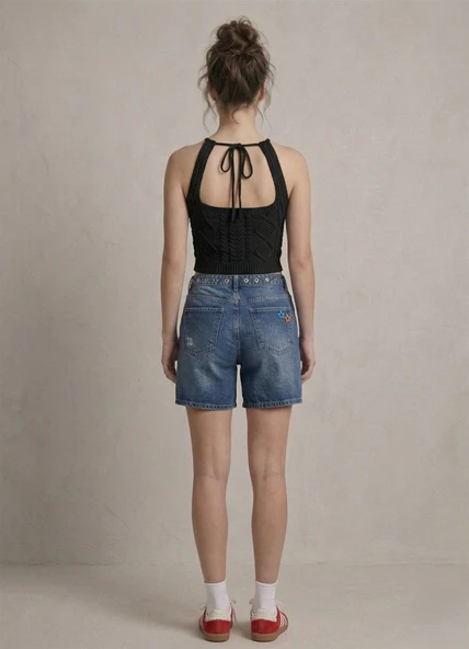 Kadın Triko Örme Halter Yaka Crop Bluz - Siyah - Resim 3