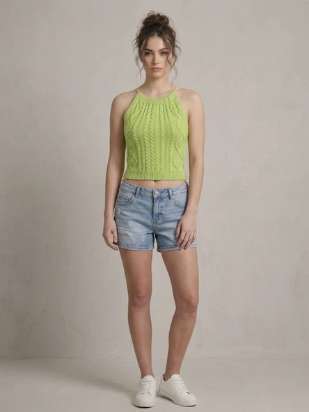 Kadın Triko Örme Halter Yaka Crop Bluz - Yeşil - Resim 2