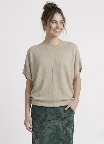 Kadın Basic Relaxed Keten Bluz - Bej - Resim 4