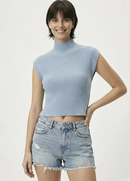 Kadın Yarım Balıkçı Yaka Fitilli Triko Kolsuz Crop Bluz - Mavi ürün görseli 1