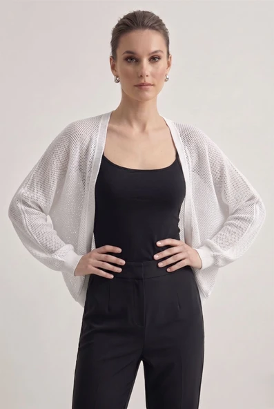 Premium Ajurlu İnce Triko Bolero Hırka - Beyaz ürün görseli 1