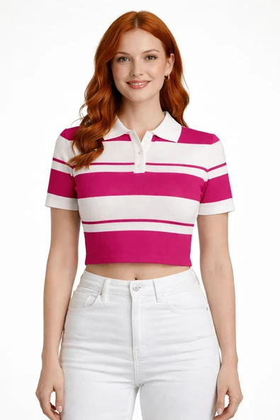 Çizgili Polo Yaka Düğmeli Triko Crop Bluz - Fuşya ürün görseli 1