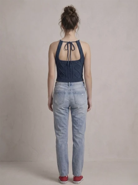 Kadın Triko Örme Halter Yaka Crop Bluz - Lacivert - Resim 3