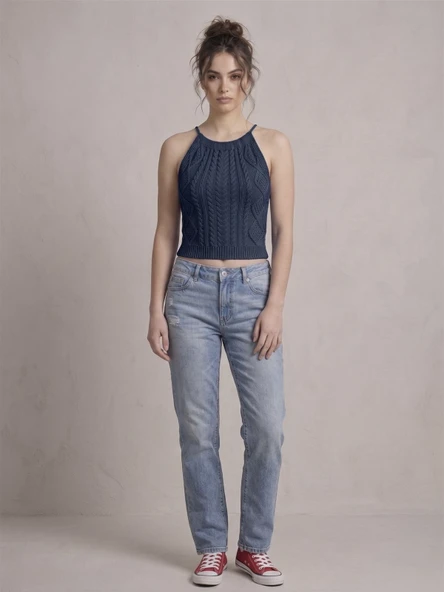 Kadın Triko Örme Halter Yaka Crop Bluz - Lacivert - Resim 2