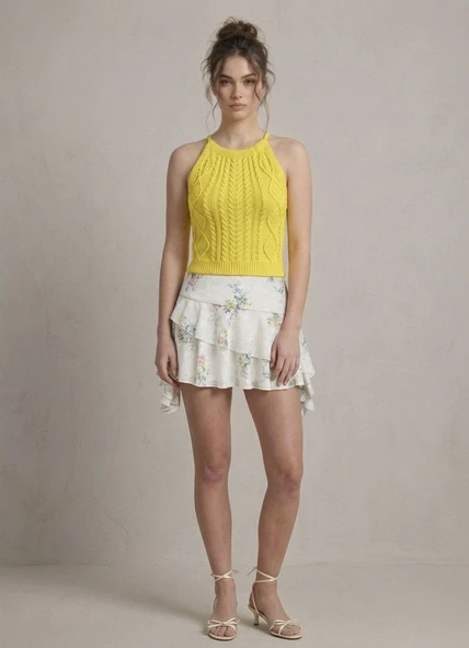 Kadın Triko Örme Halter Yaka Crop Bluz - Sarı - Resim 2