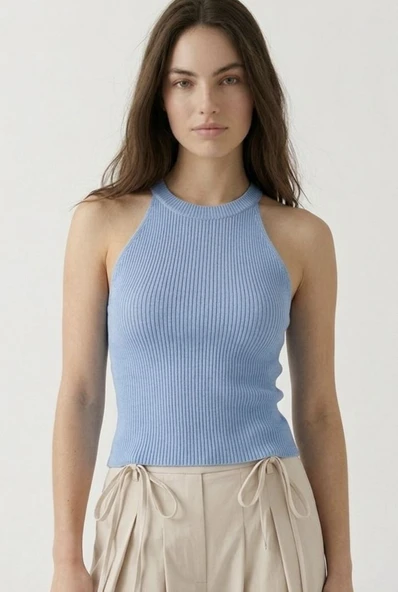 Kadın Fitilli Halter Yaka Crop Bluz - Mavi ürün görseli 1