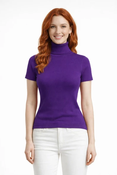 Boğazlı Yarasa Kollu Fitilli Crop Bluz - Mor ürün görseli 1