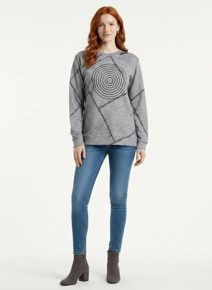 Kadın Gri Baskılı Uzun Kollu Sweatshirt - Gri ürün görseli 1