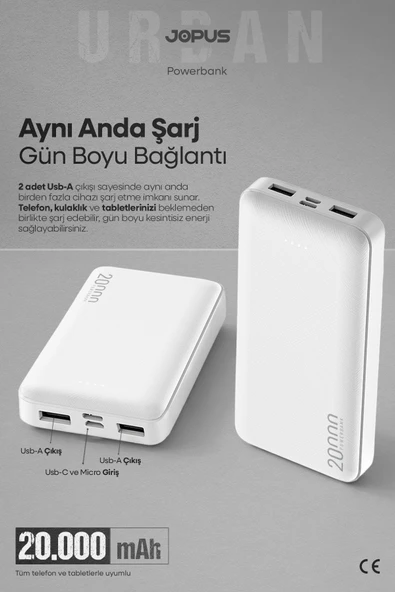 Jopus 20000mAh Powerbank - Led Işık Göstergeli - Taşınabilir Şarj Cihazı - Beyaz JP-P10A ürün görseli 1