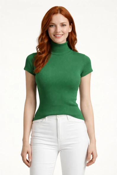 Boğazlı Yarasa Kollu Fitilli Crop Bluz - Yeşil ürün görseli 1