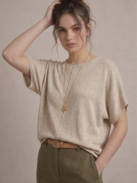 Kadın Basic Relaxed Keten Bluz - Bej ürün görseli 1