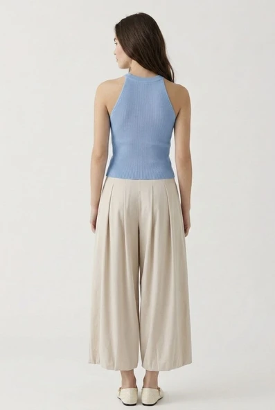 Kadın Fitilli Halter Yaka Crop Bluz - Mavi - Resim 3